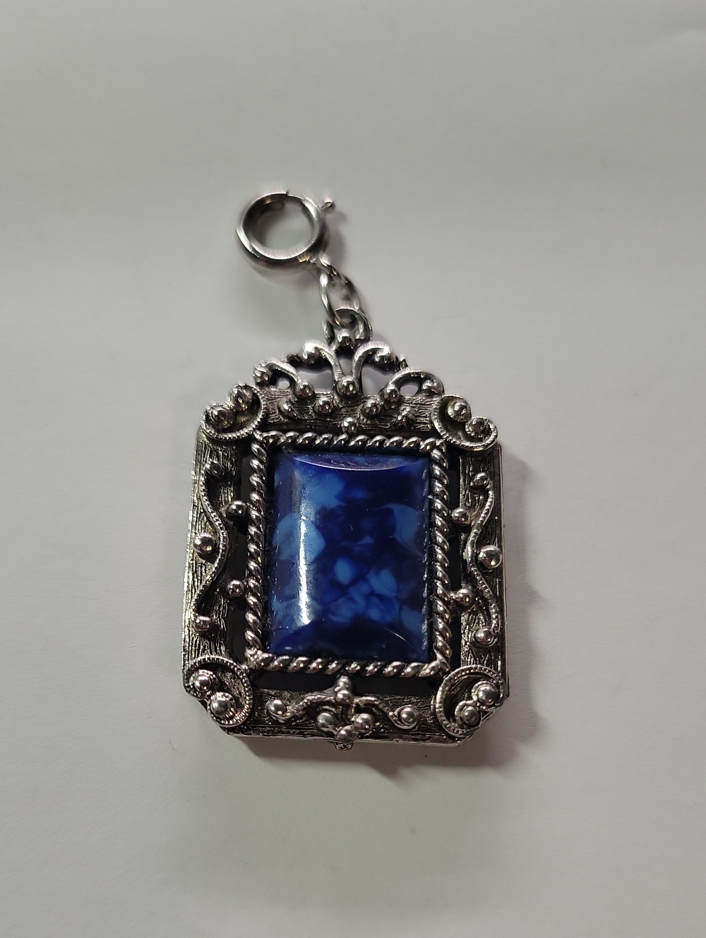 Vintage-Style Ornate Pendant with Deep Blue Cabochon Dubble Sided  Pendant